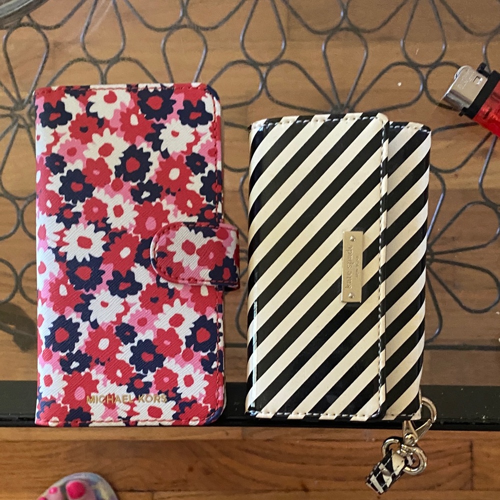 Michael Kors Red Floral and Black Striped Wallet Set